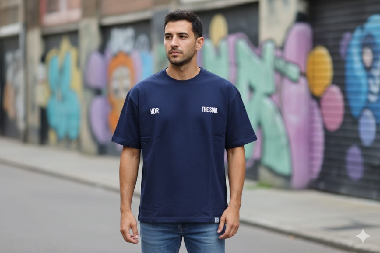 Men’s Navy Oversized Graphic T-Shirt – “HDR The Soul” Streetwear Style - Main Product Image - Nushio