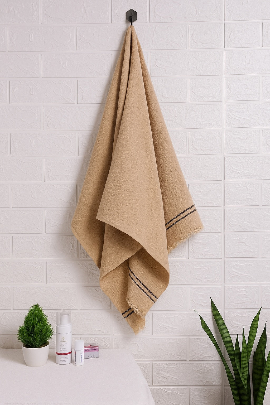 Soft Touch Microfiber Hand Towel Set - Beige & Brown with Fringed Detail - Set of Two
