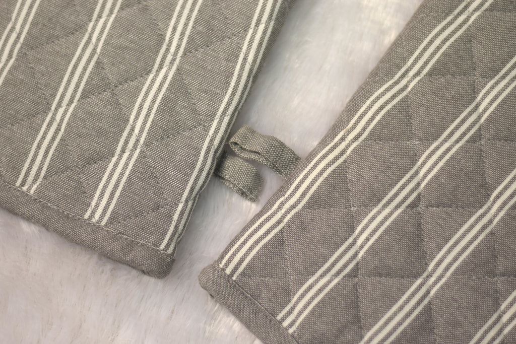 Grey Striped Cotton Oven Gloves - Kitchen Mitts (Set of 2)