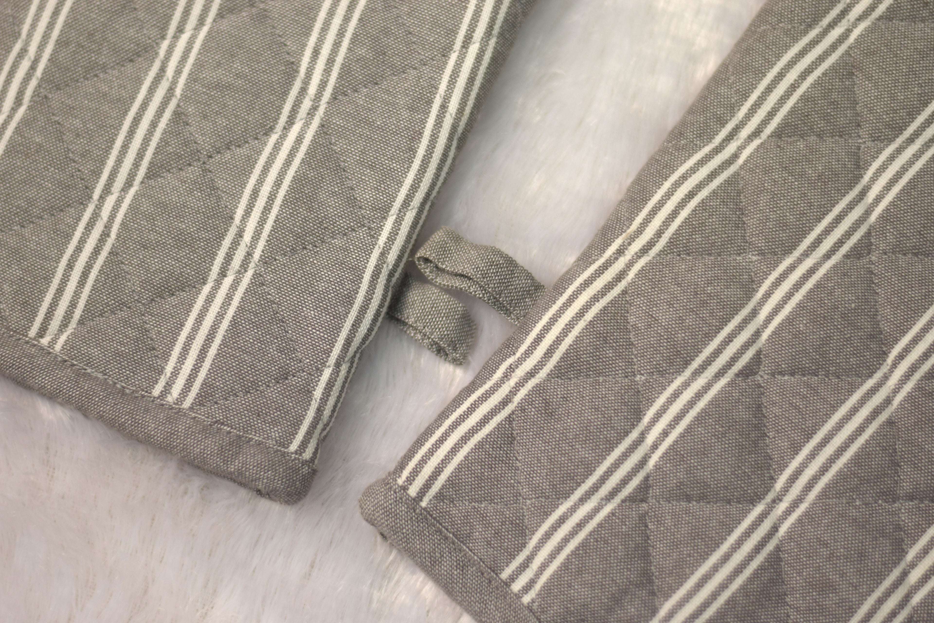 Grey Striped Cotton Oven Gloves - Kitchen Mitts (Set of 2)