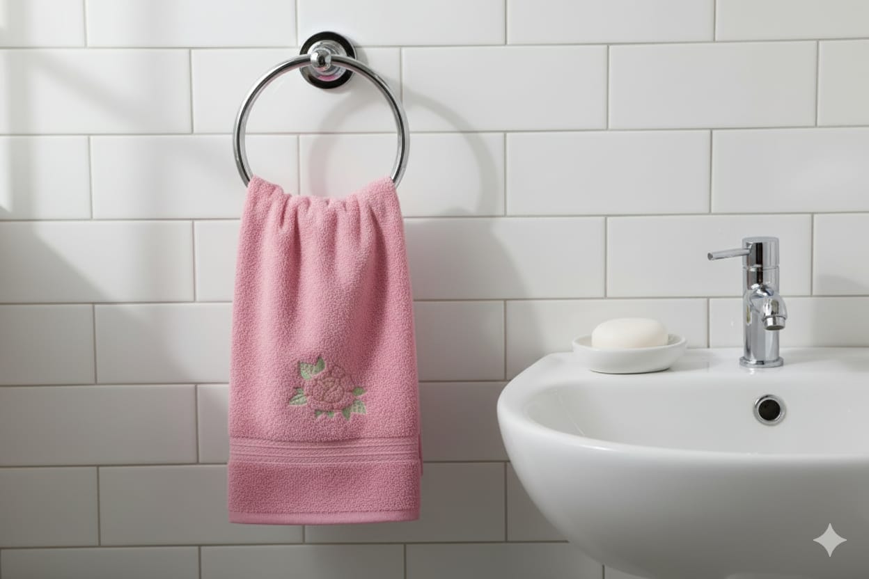 Turkish Embroidered Pink Towel – Rose Bloom Motif on Soft Cotton