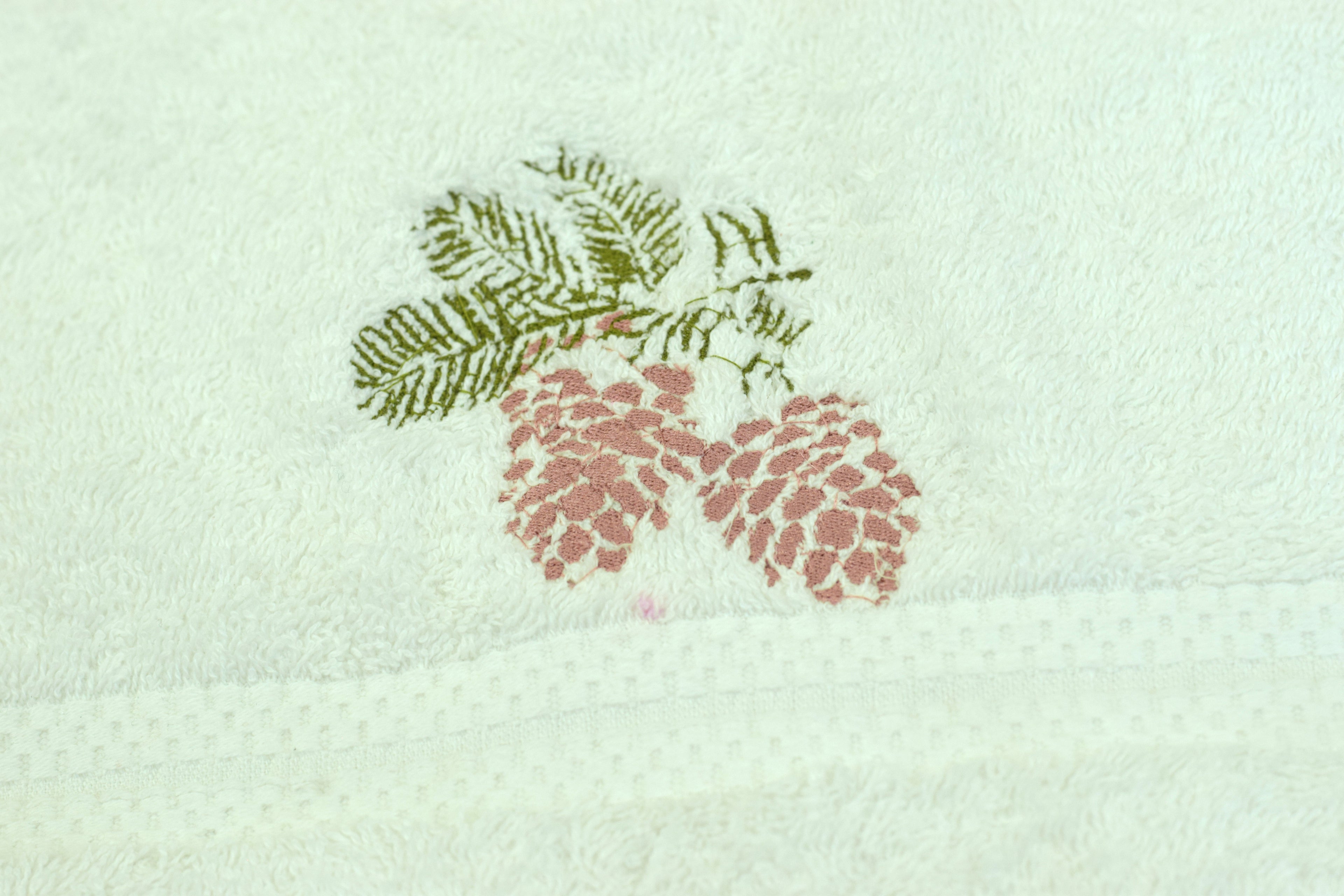 Turkish Embroidered White Towel – Pinecone Pine Needle Motif-19*38