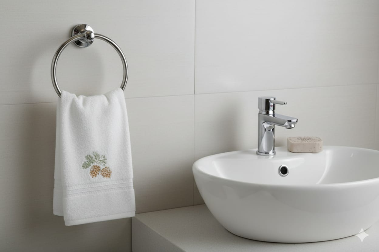 Turkish Embroidered White Towel – Pinecone Pine Needle Motif-19*38