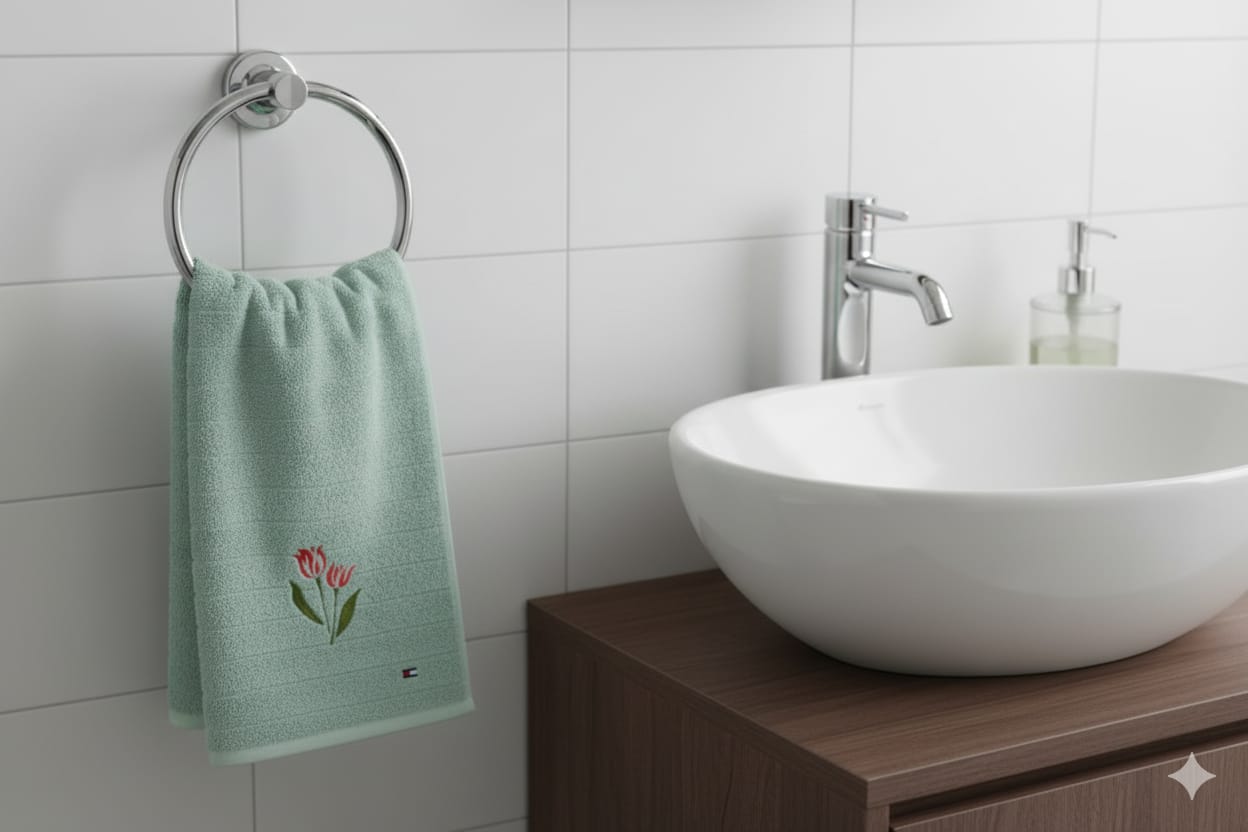 Premium Turkish Embroidered Towel – Green Base with Red Tulip Motif-19*38