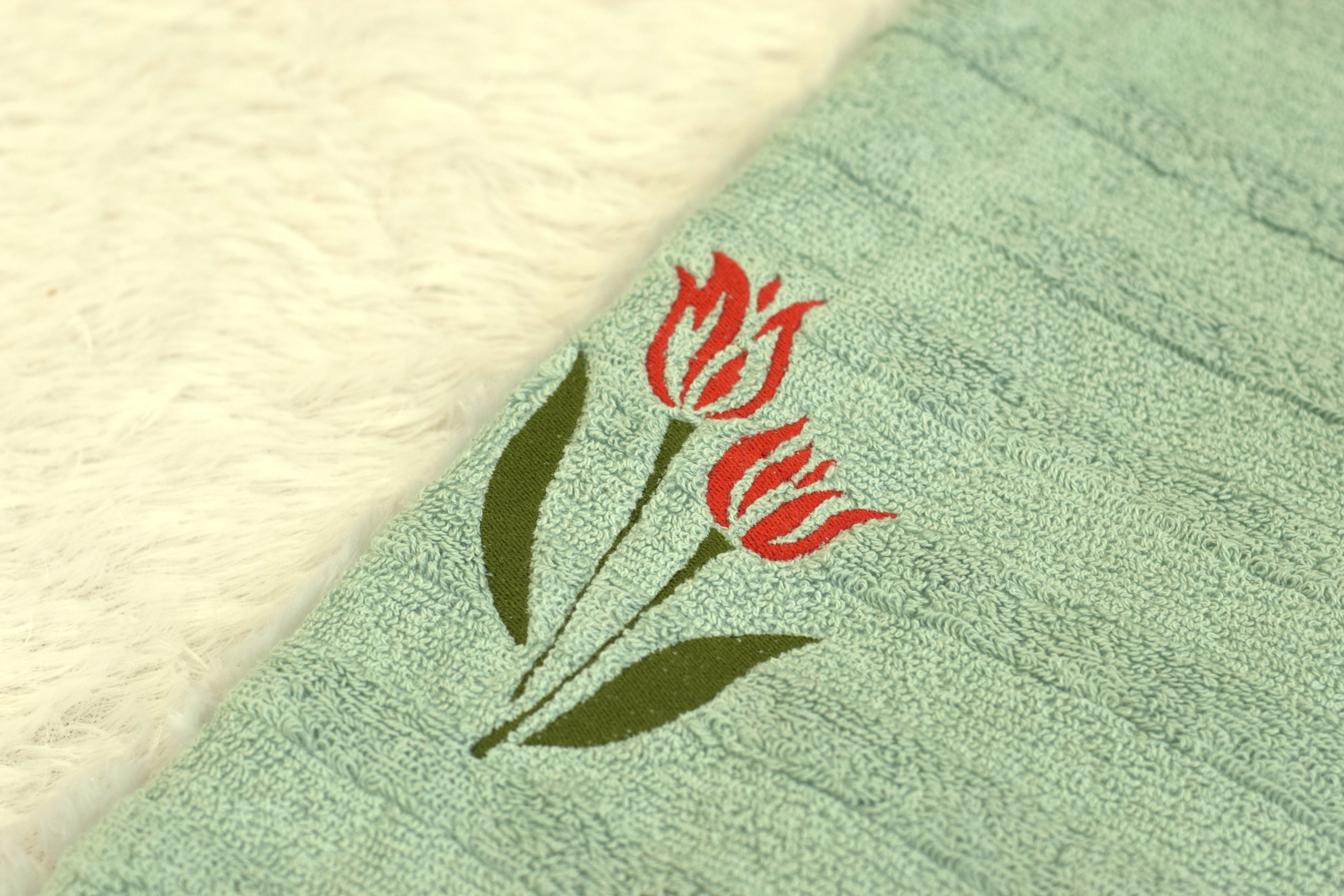 Premium Turkish Embroidered Towel – Green Base with Red Tulip Motif-19*38