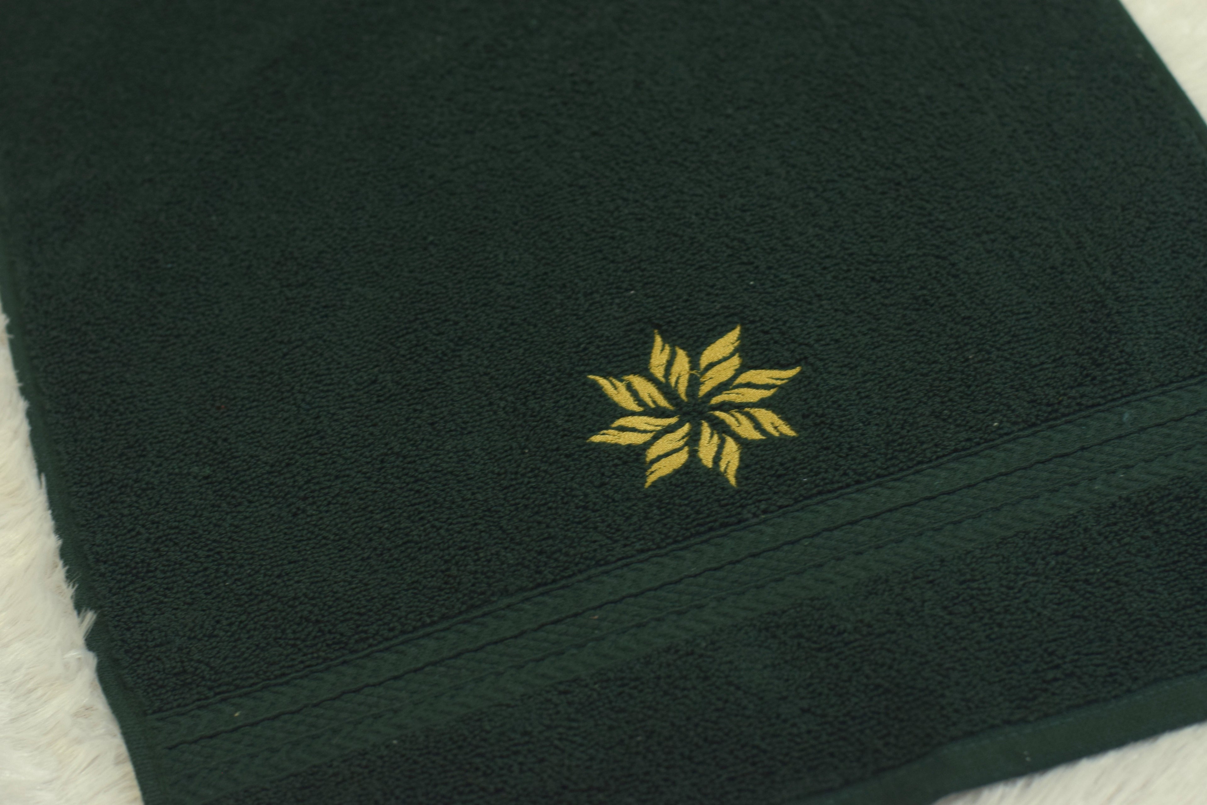 Dark Green Turkish Hand Towel with Golden Embroidery (16x22 Inches)