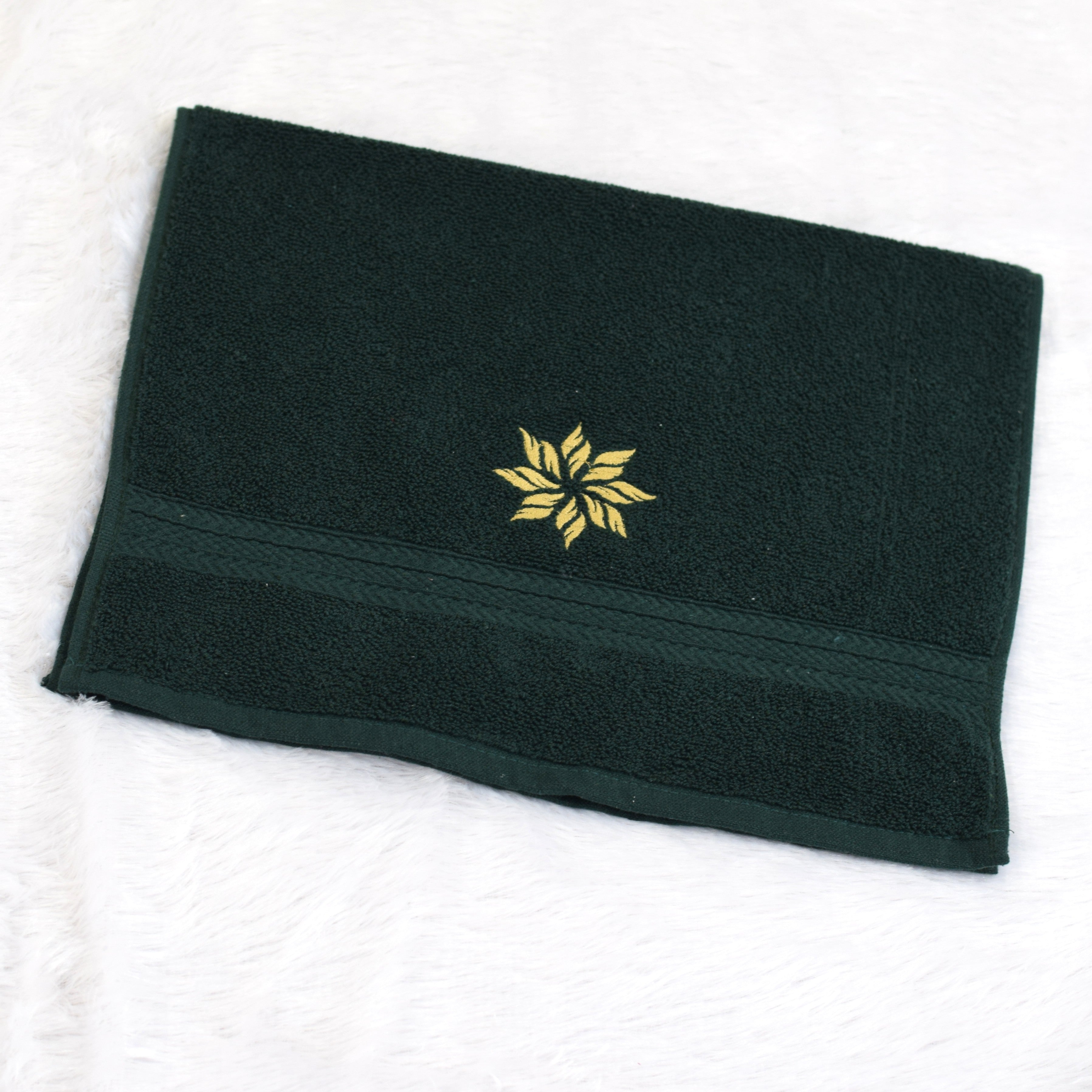 Dark Green Turkish Hand Towel with Golden Embroidery (16x22 Inches)