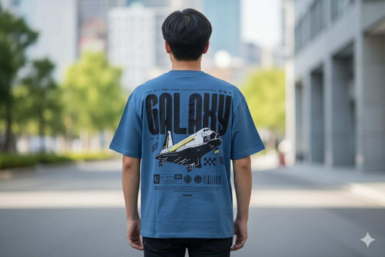Men’s Galaxy Graphic Oversized T-Shirt – Space Shuttle Print | Blue - View 2 - Nushio