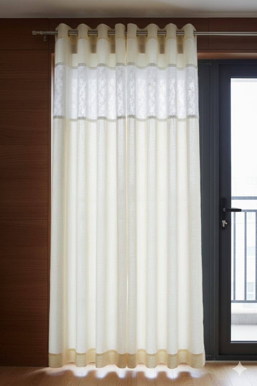 Off-White Semi Linen Door Curtain with Floral Embroidery - View 2 - Linen Floral - Nushio