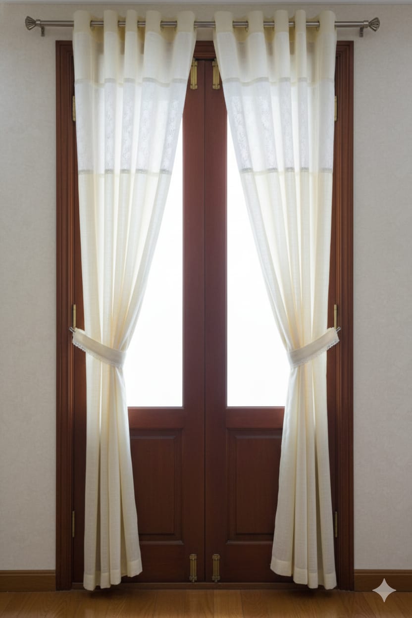Off-White Semi Linen Door Curtain with Floral Embroidery - Main Product Image - Linen Floral - Nushio