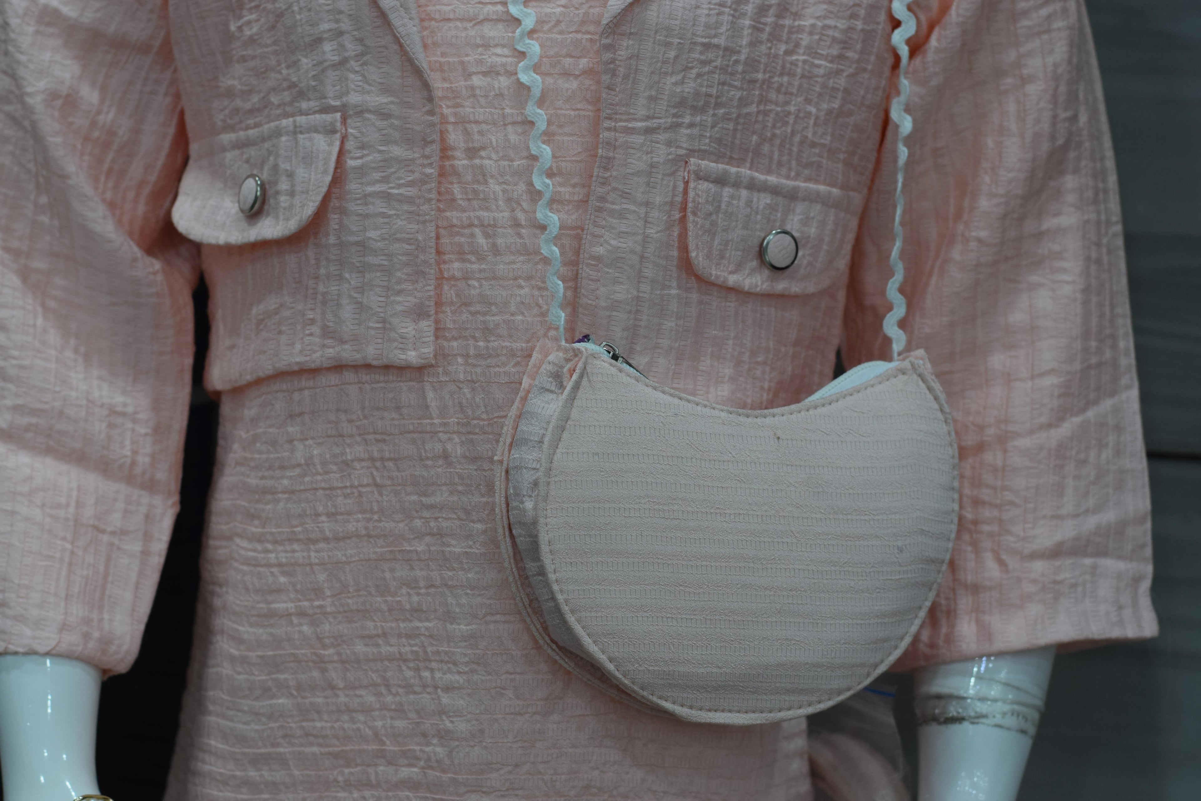 Girls Peach Textured Frock with Jacket & Embroidered Floral Design - Detail View - Floral Embroidered - Nushio