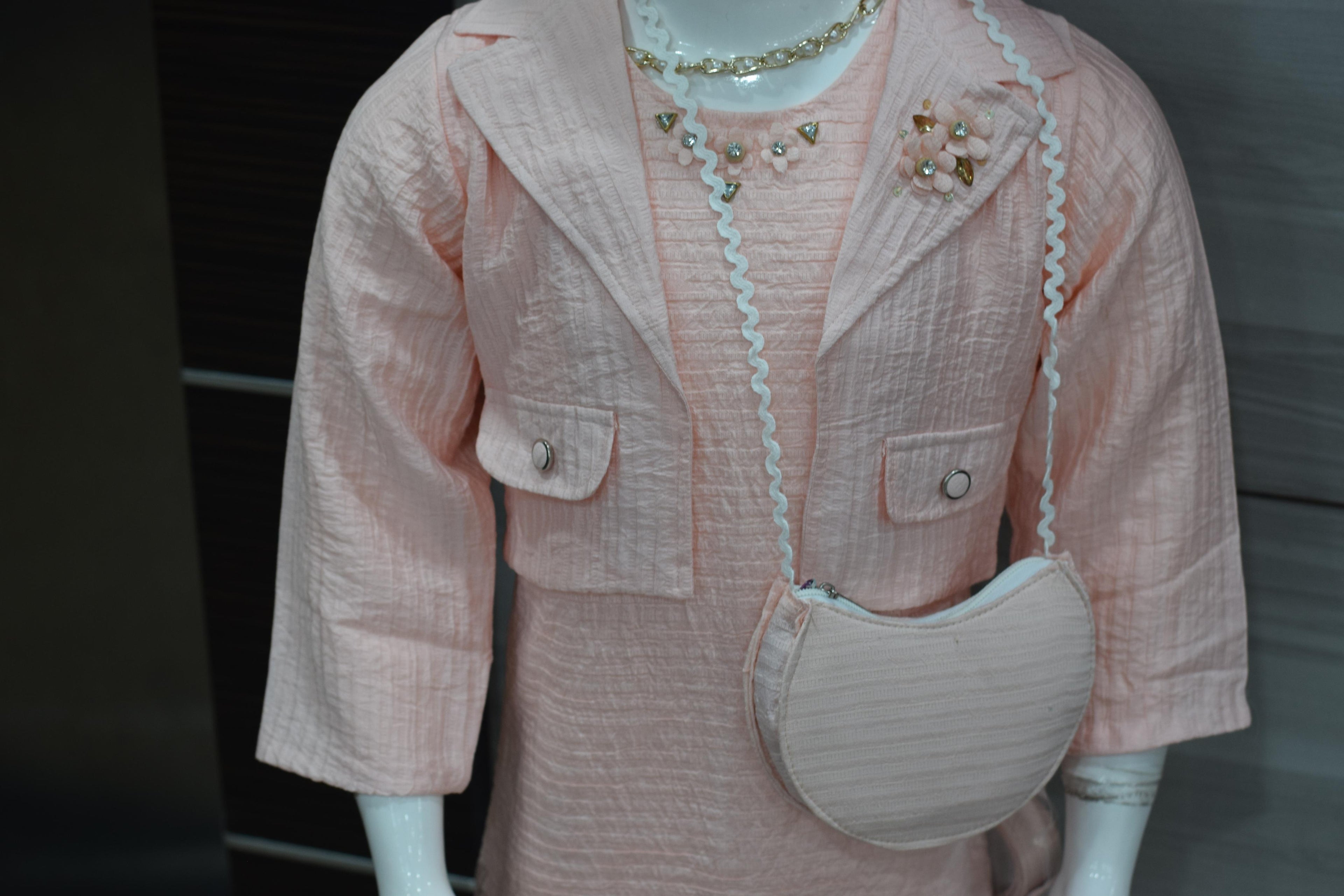 Girls Peach Textured Frock with Jacket & Embroidered Floral Design - View 2 - Floral Embroidered - Nushio