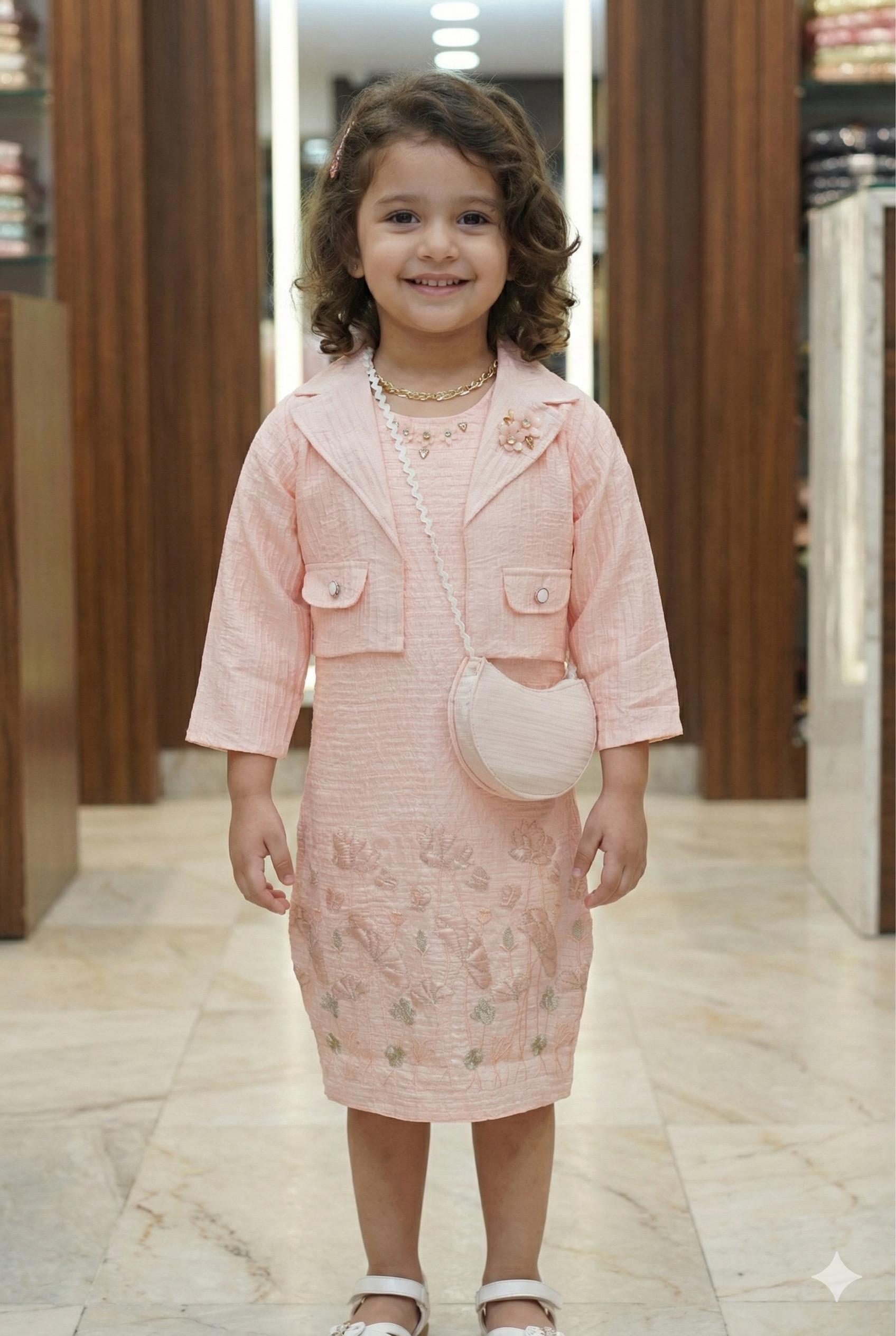 Girls Peach Textured Frock with Jacket & Embroidered Floral Design - Main Product Image - Floral Embroidered - Nushio