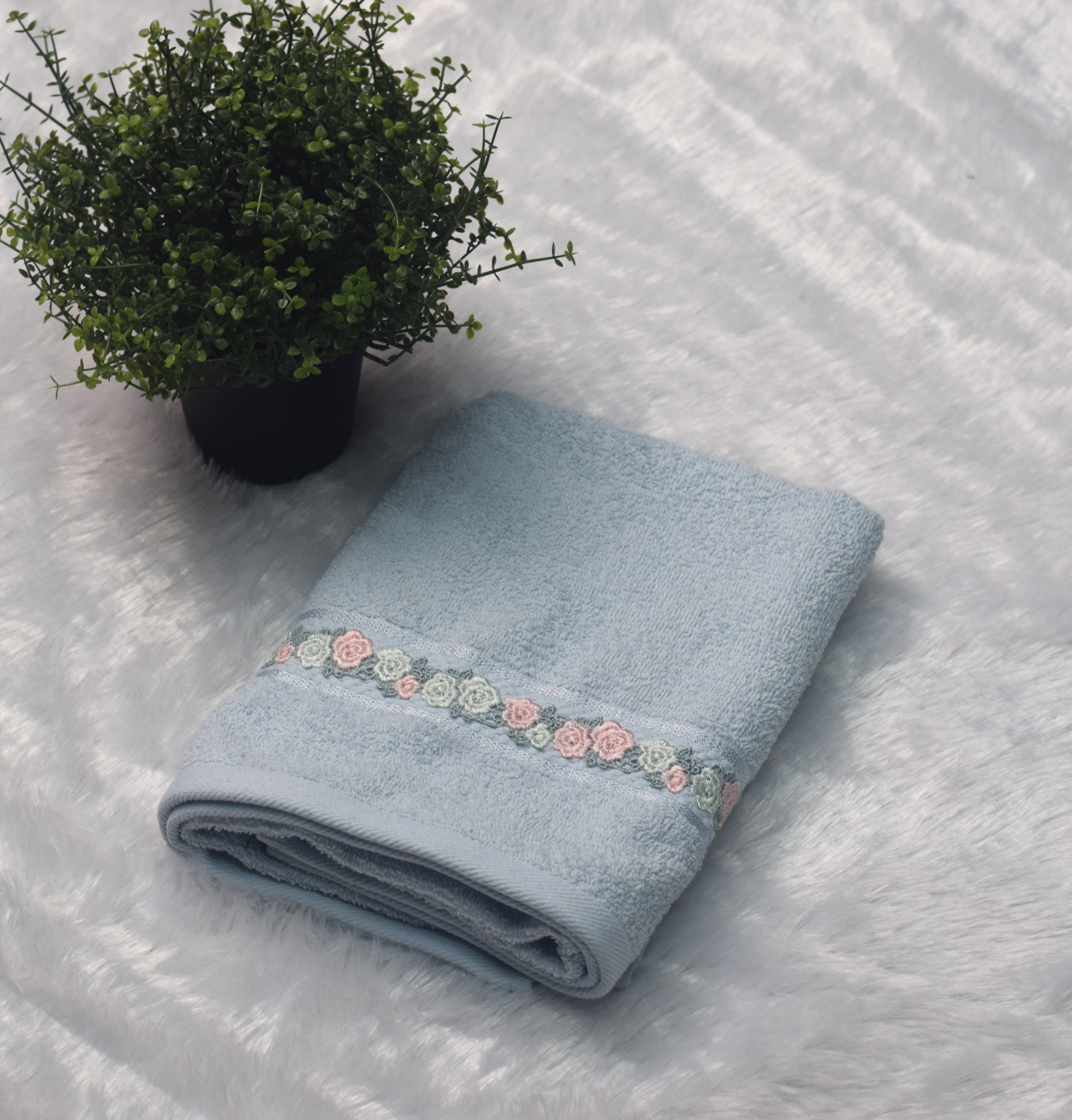Premium Turkish Hand Towel 19*38inch – Soft Blue with Floral Lace Border