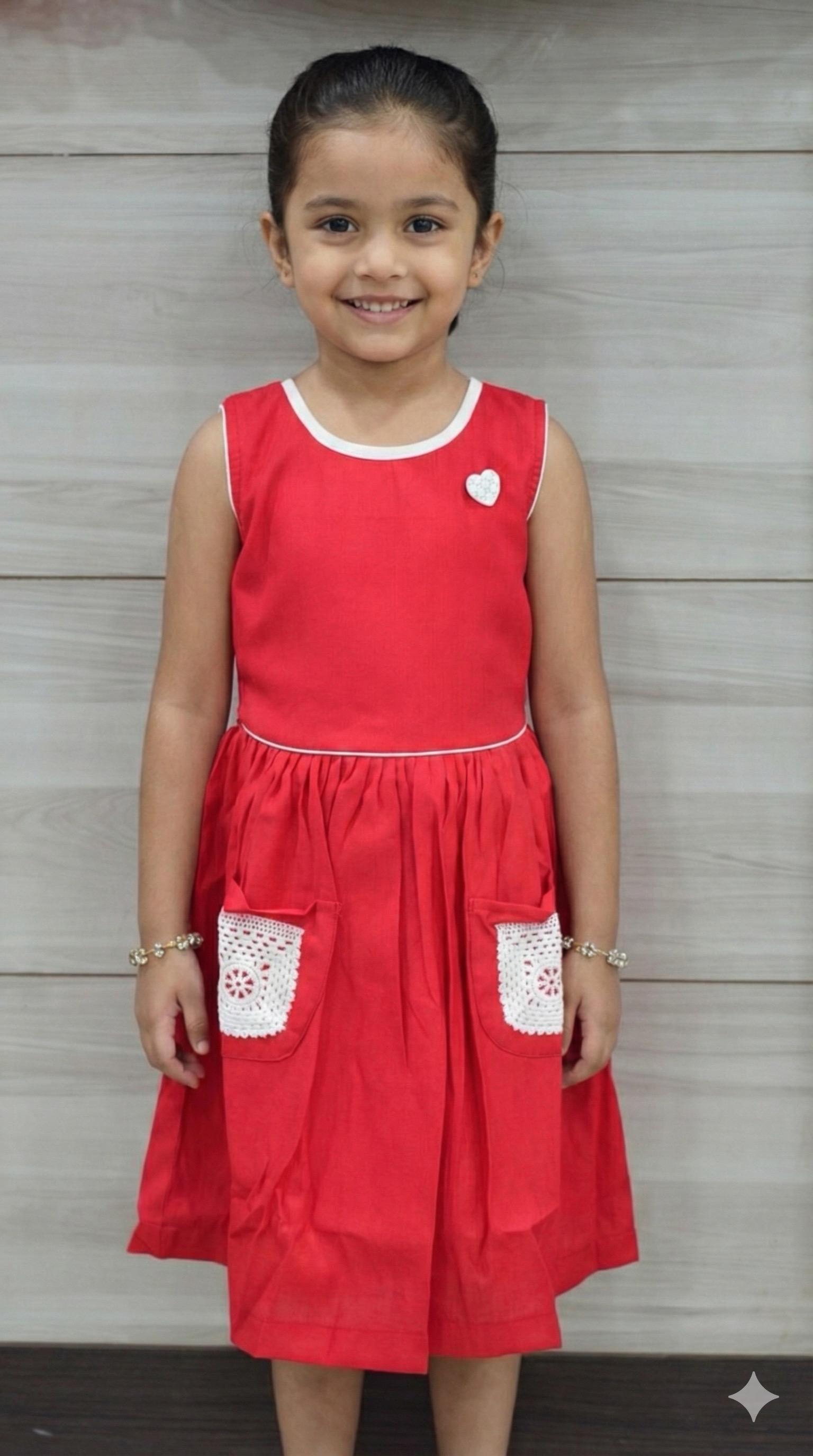 Girls Red Cotton Frock with Crochet Pockets & Heart Brooch - View 2 - Cotton - Nushio