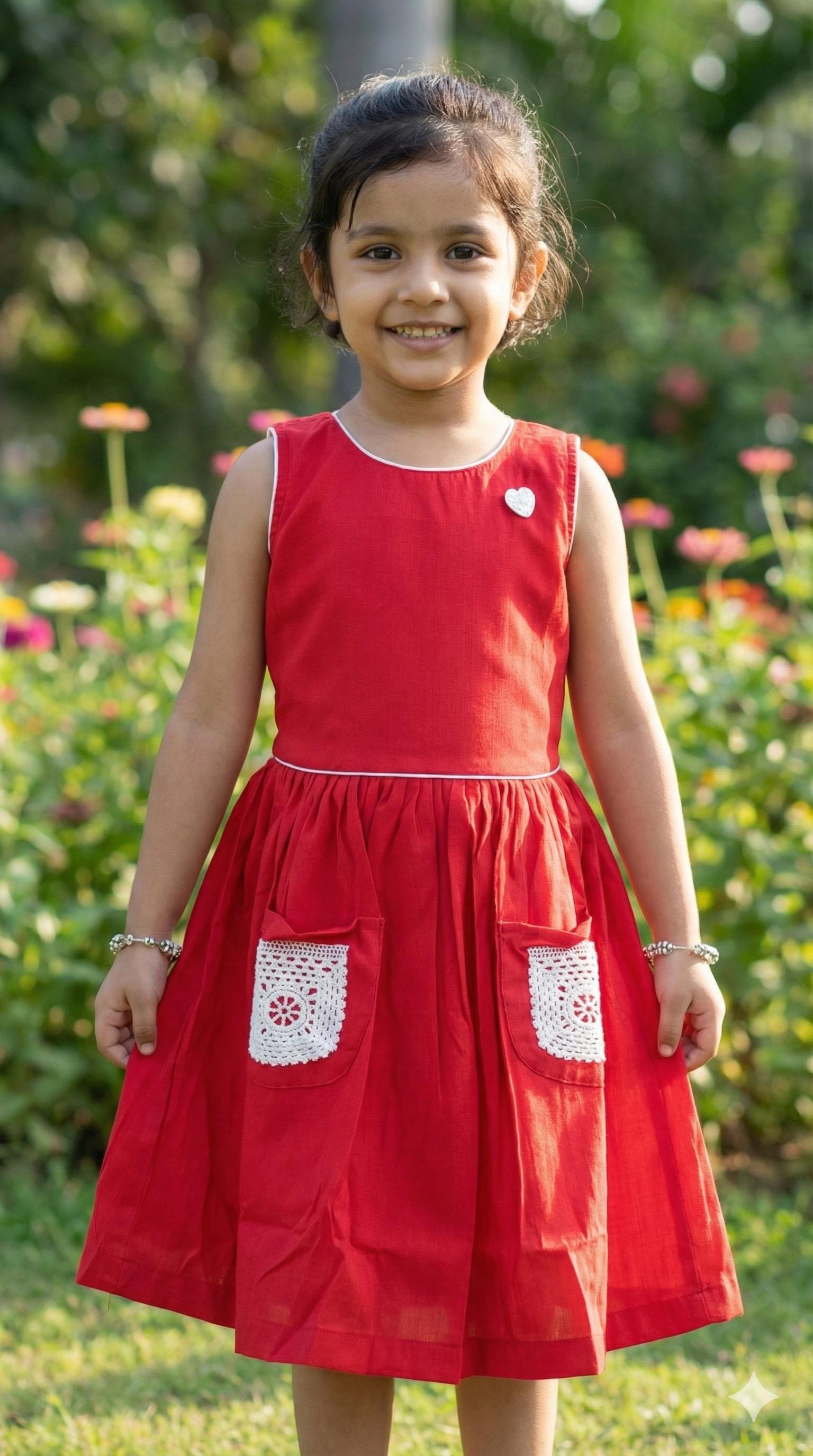 Girls Red Cotton Frock with Crochet Pockets & Heart Brooch - Main Product Image - Cotton - Nushio