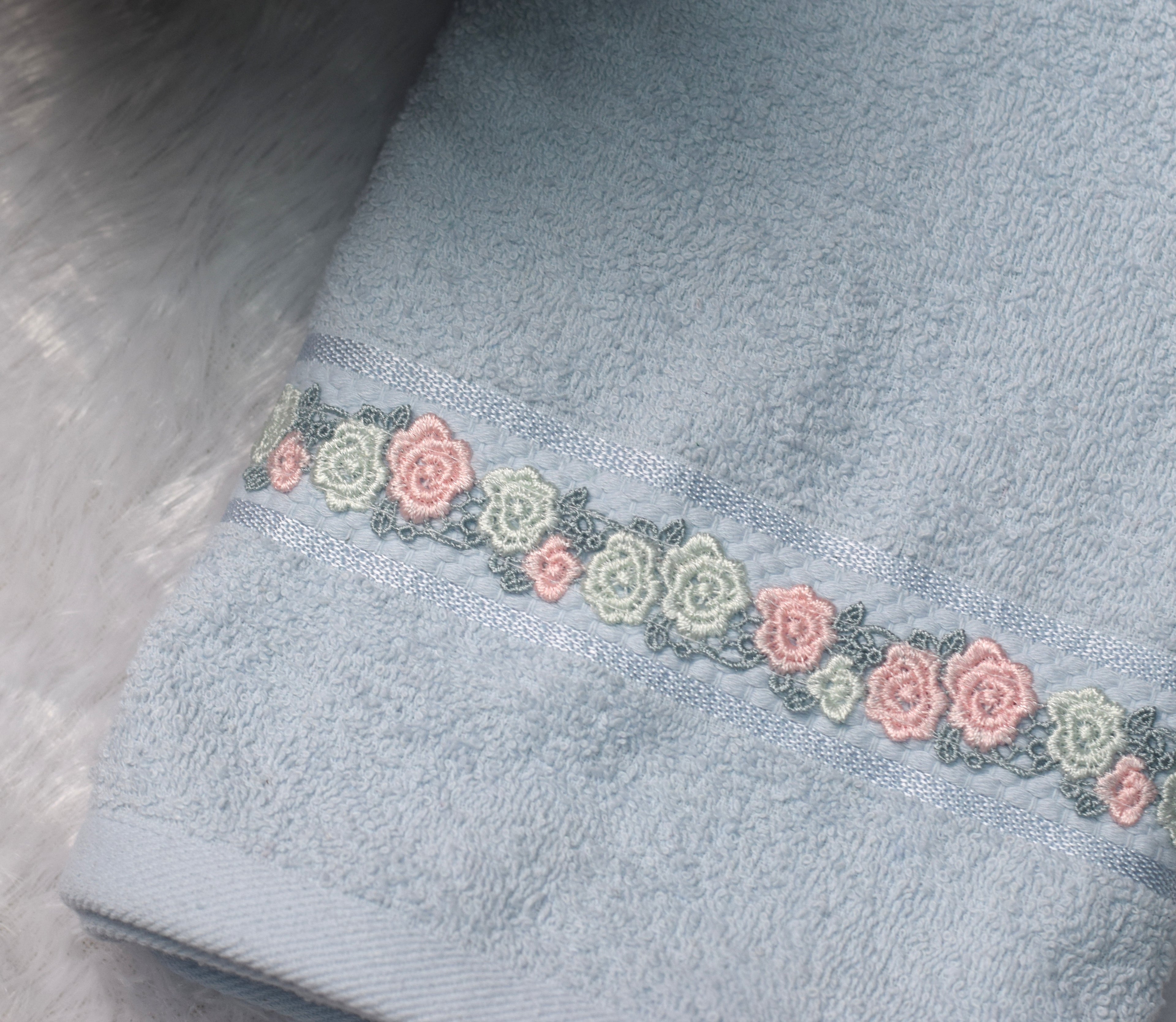 Premium Turkish Hand Towel 19*38inch – Soft Blue with Floral Lace Border