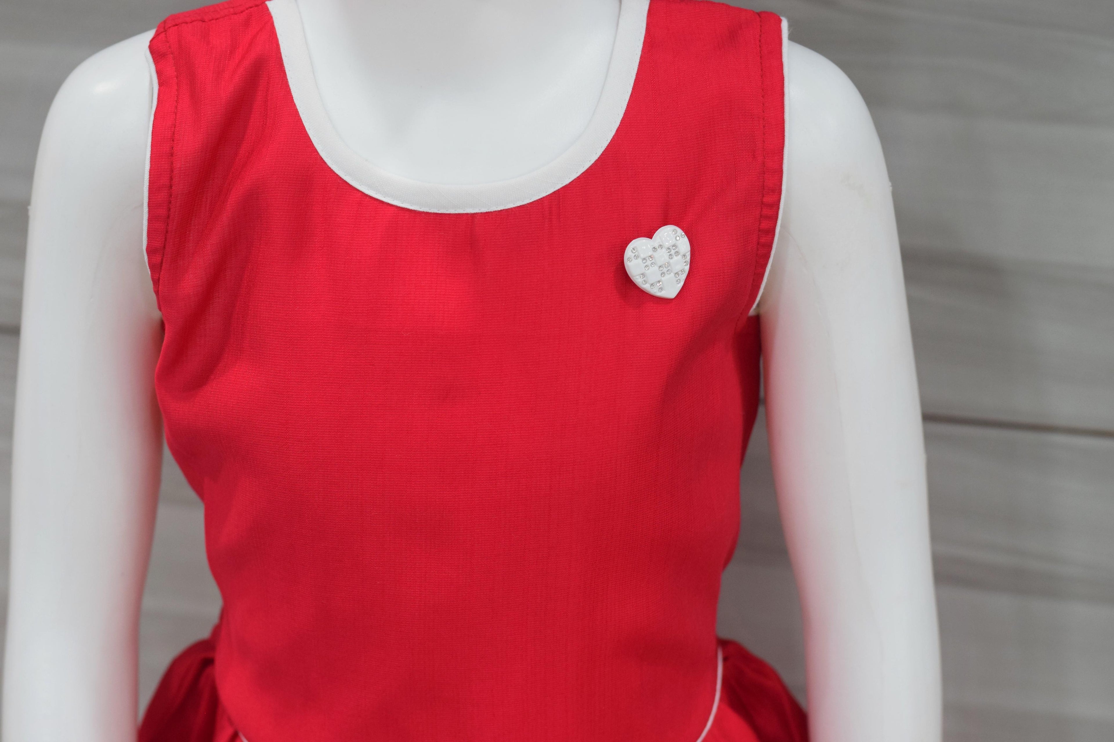 Girls Red Cotton Frock with Crochet Pockets & Heart Brooch