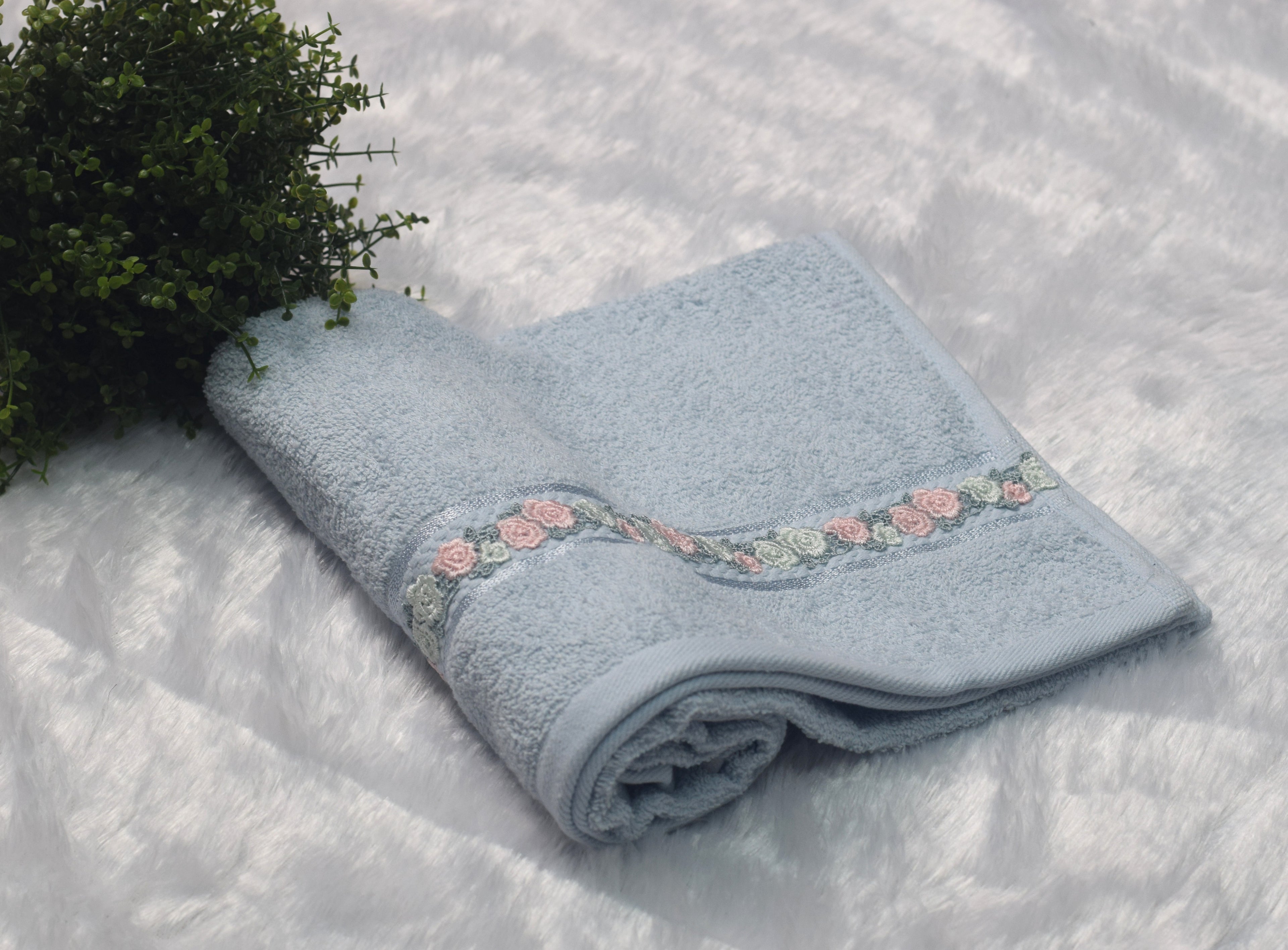 Premium Turkish Hand Towel 19*38inch – Soft Blue with Floral Lace Border