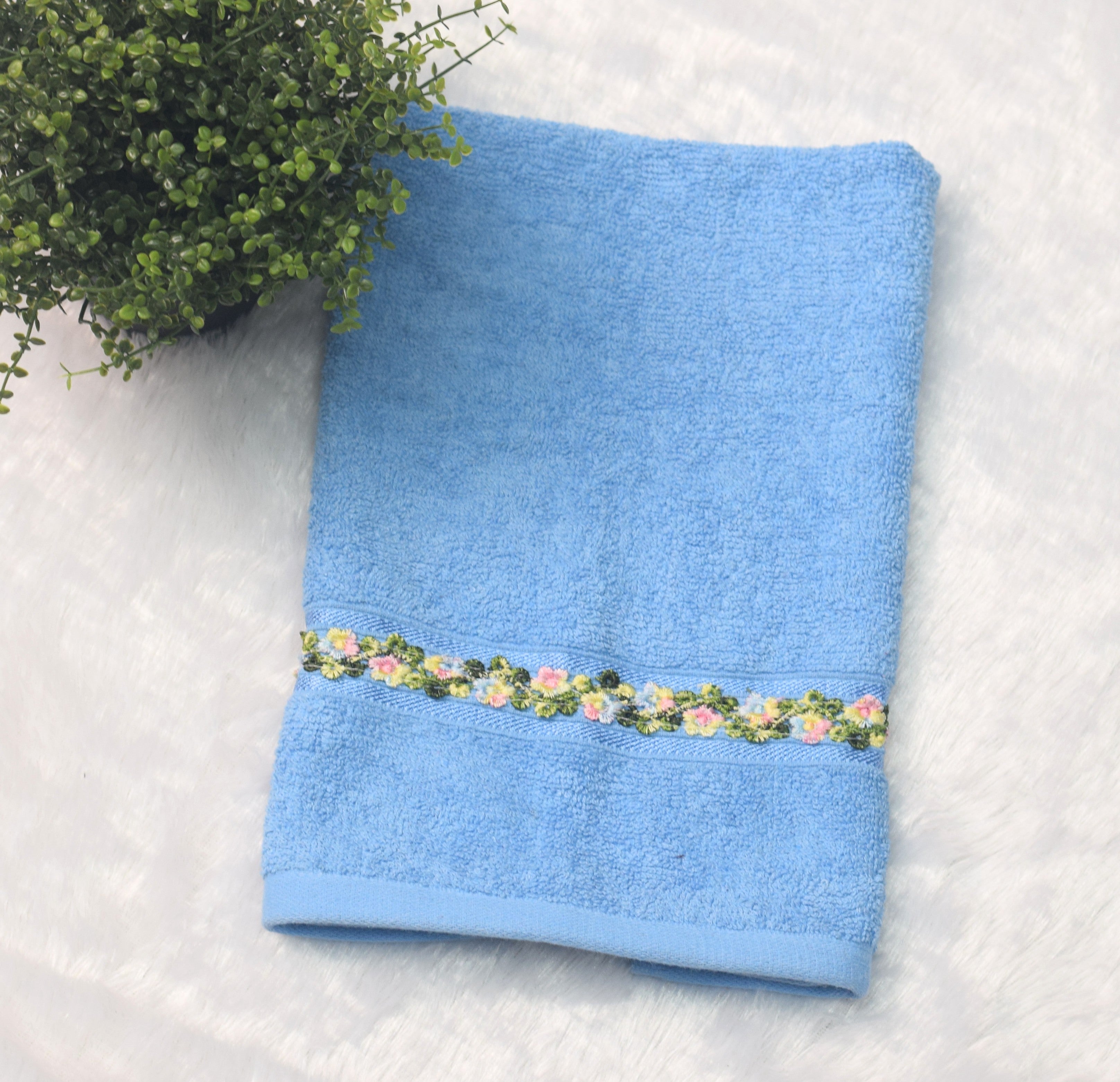 Soft Blue Turkish Hand Towel with Floral Border – 16 x 22 Inches