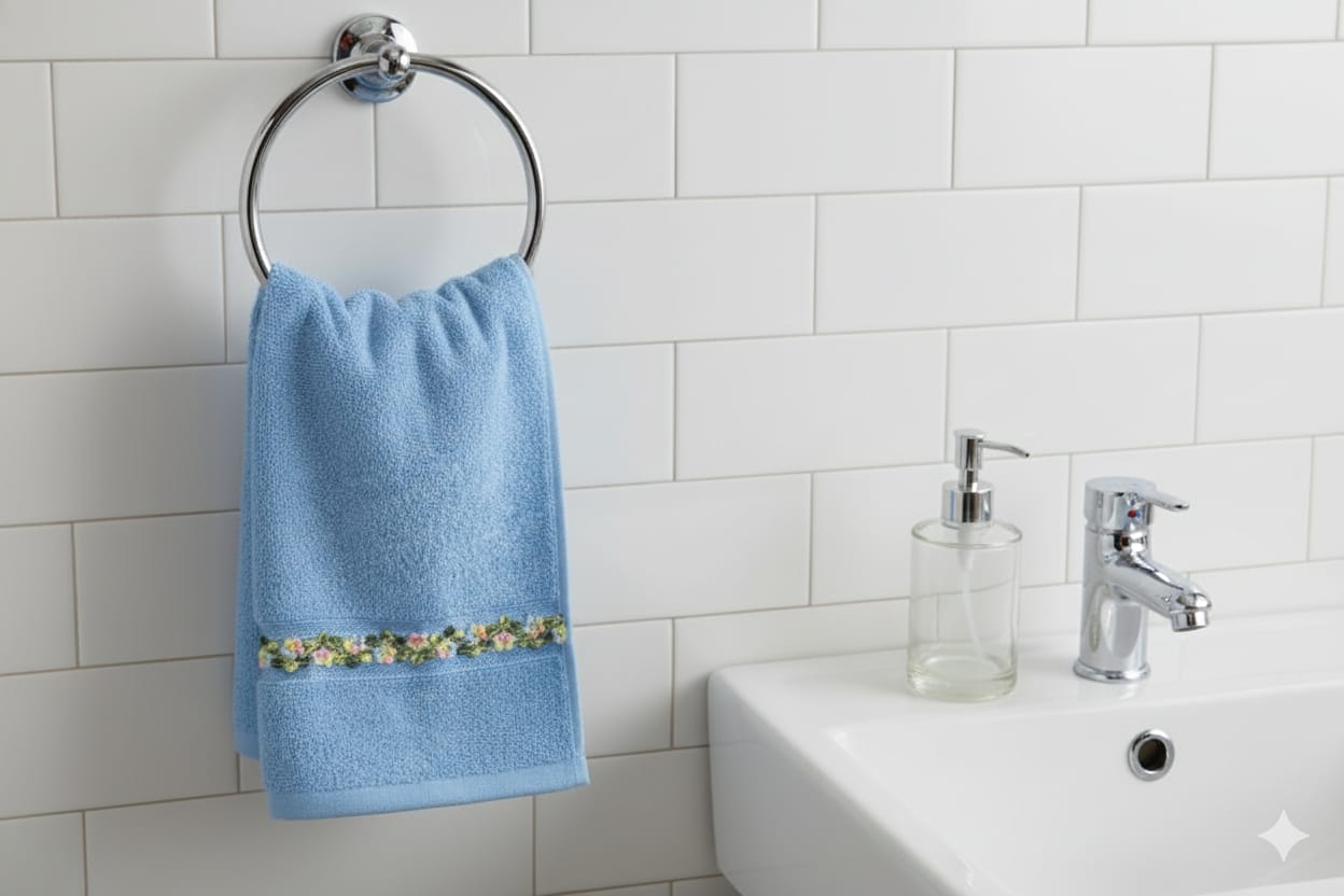 Soft Blue Turkish Hand Towel with Floral Border – 16 x 22 Inches