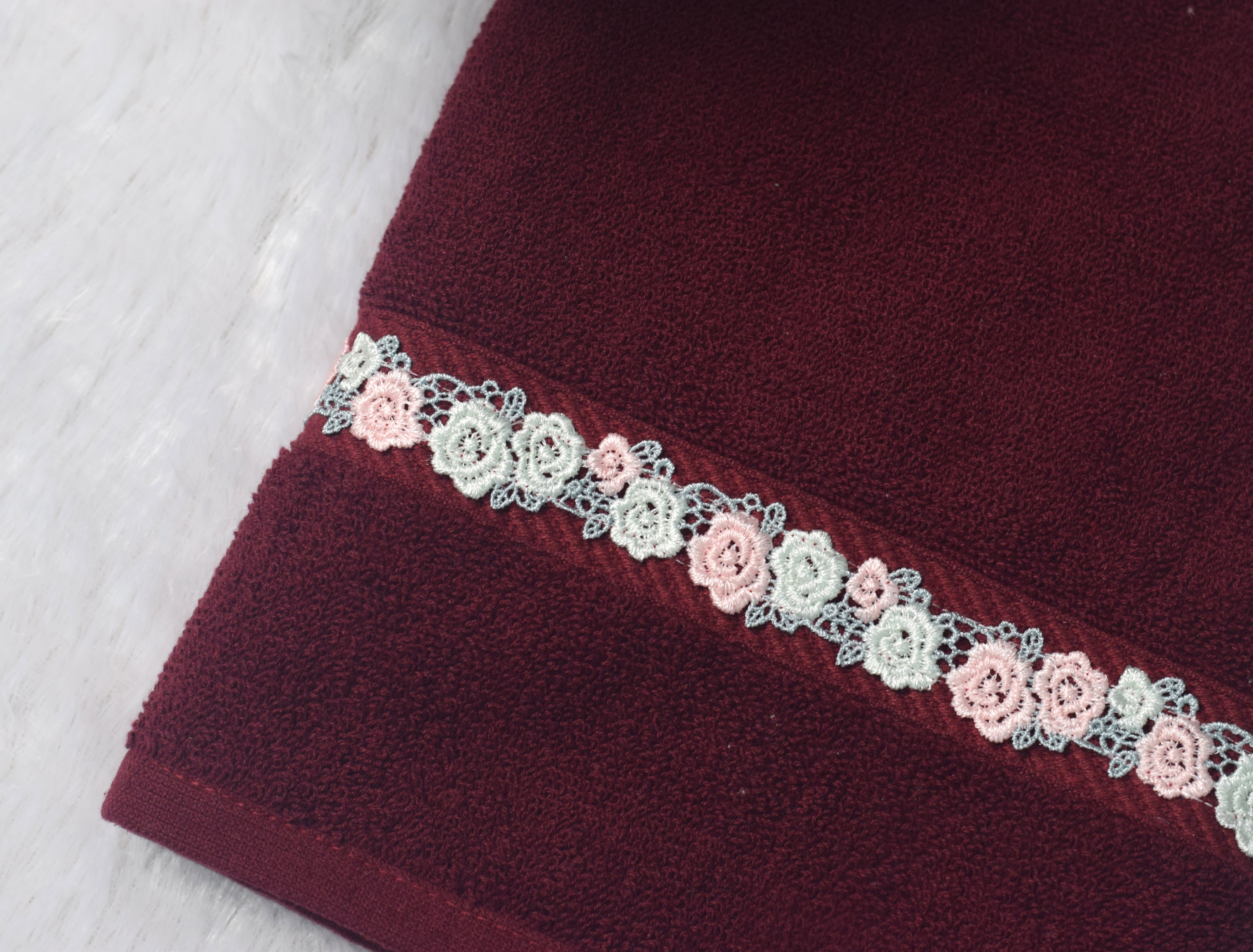 Premium Turkish Hand Towel 16x22 – Maroon with Elegant Floral Lace Border