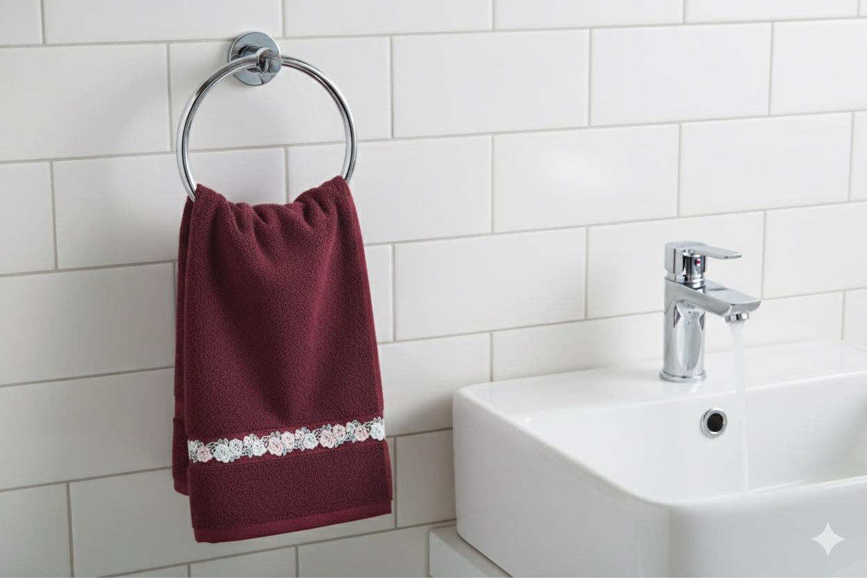 Premium Turkish Hand Towel 16x22 – Maroon with Elegant Floral Lace Border