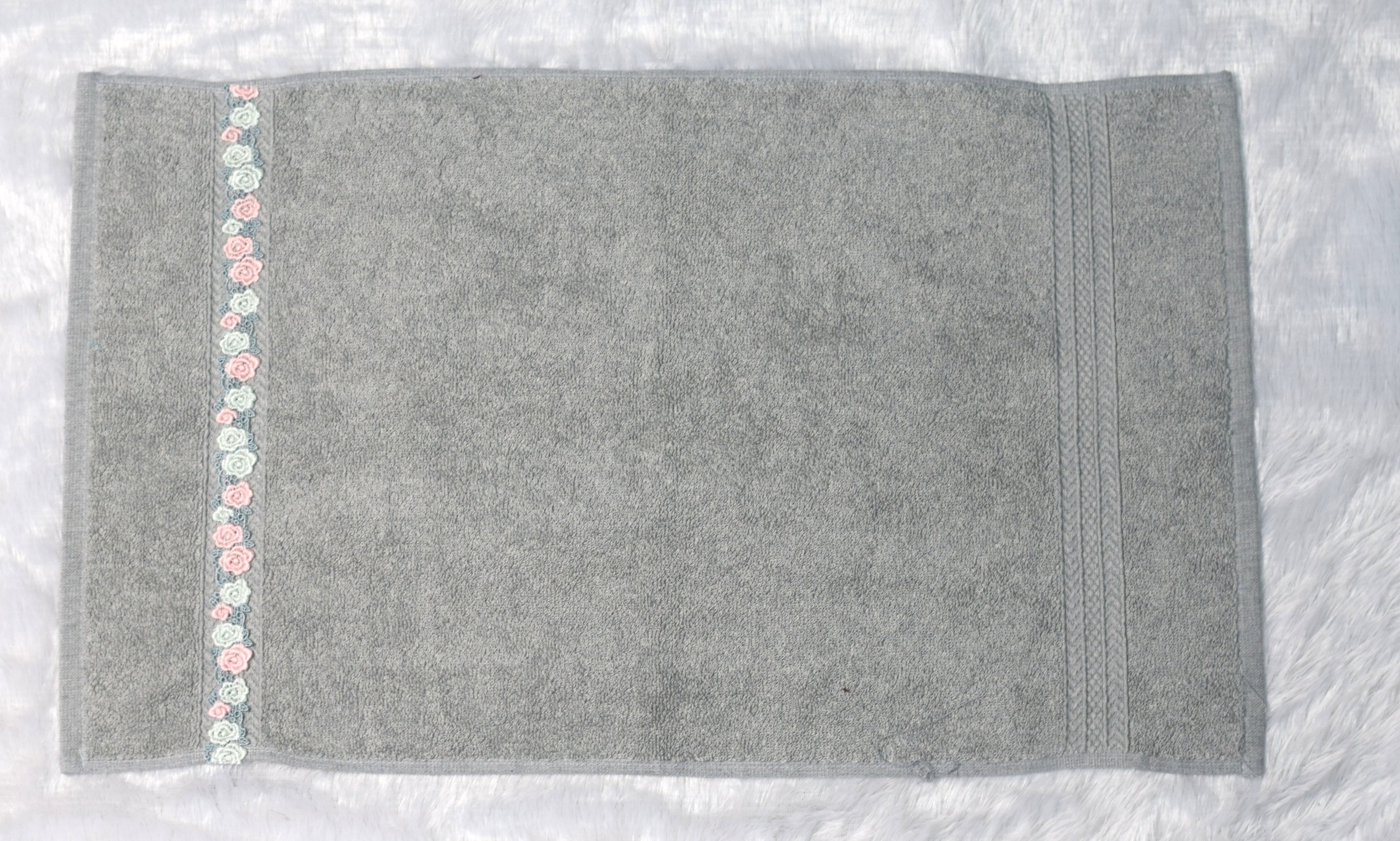 Grey Turkey Hand Towel with Floral Lace Border (16x22 Inches)