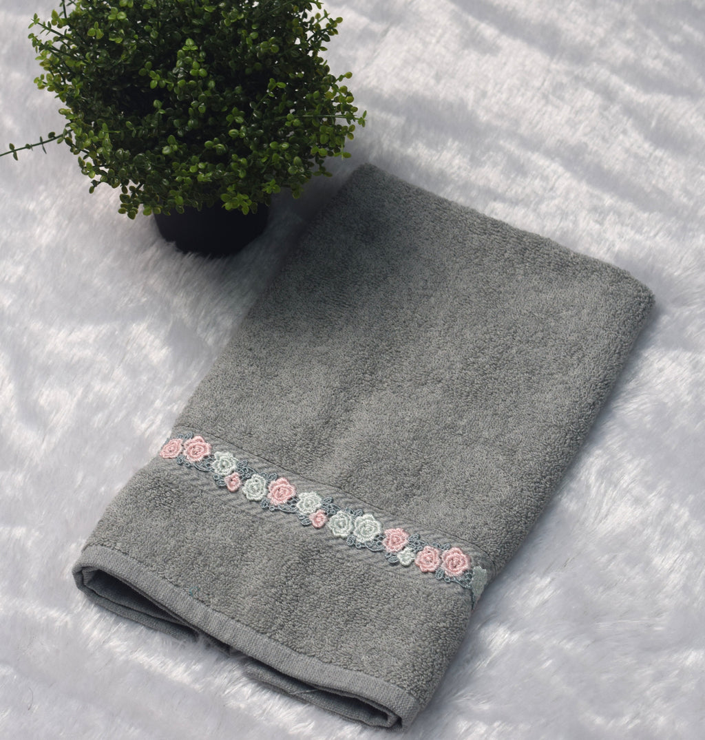 Grey Turkey Hand Towel with Floral Lace Border (16x22 Inches)