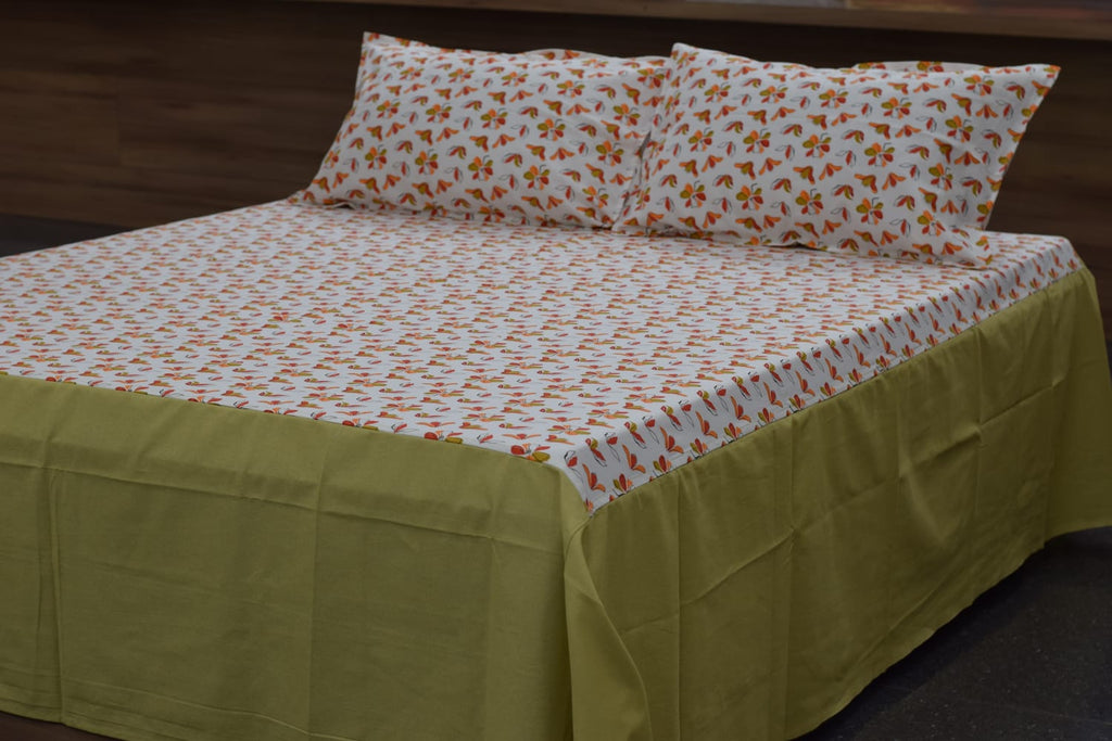 Floral Print King Size Bedspread with Solid Green Border - View 2 - Floral - Nushio