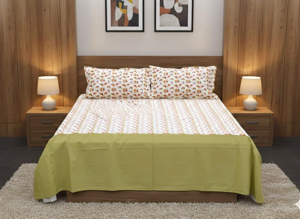 Floral Print King Size Bedspread with Solid Green Border - Main Product Image - Floral - Nushio