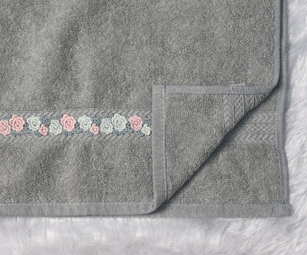 Grey Turkey Hand Towel with Floral Lace Border (16x22 Inches) - View 2 - Floral - Nushio