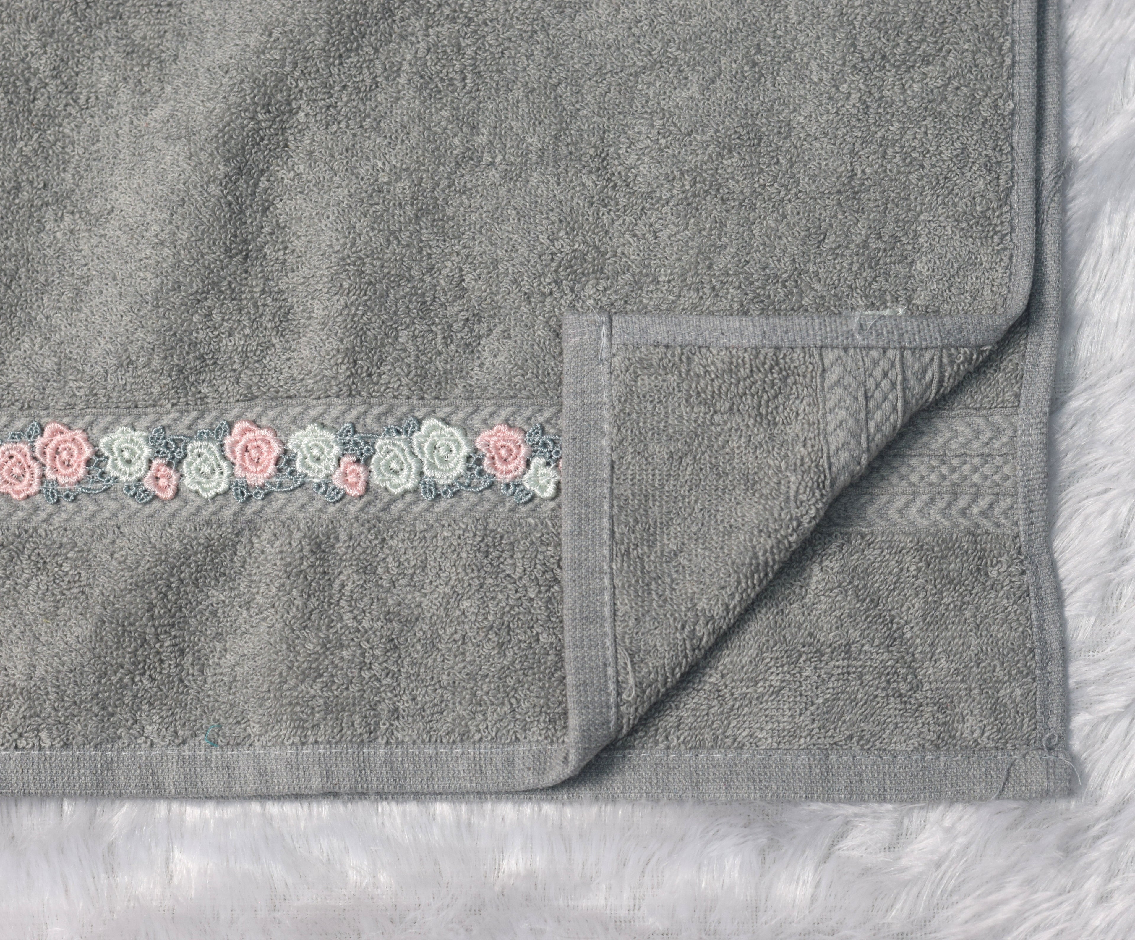 Grey Turkey Hand Towel with Floral Lace Border (16x22 Inches) - View 2 - Floral - Nushio