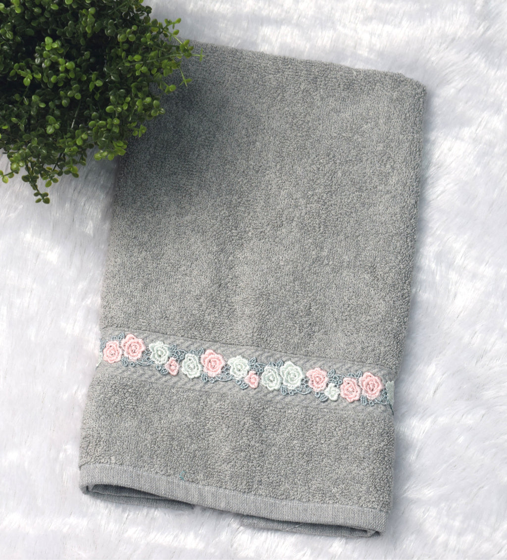 Grey Turkey Hand Towel with Floral Lace Border (16x22 Inches) - View 3 - Floral - Nushio