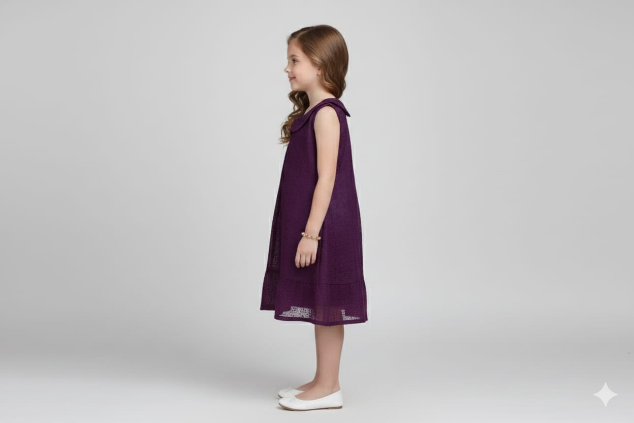Girls Purple Embroidered A-Line Frock with Peter Pan Collar - View 2 - Embroidered - Nushio
