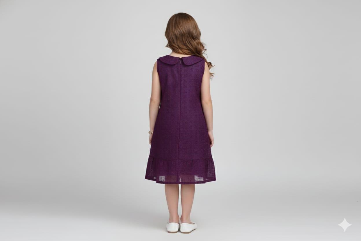 Girls Purple Embroidered A-Line Frock with Peter Pan Collar - View 3 - Embroidered - Nushio