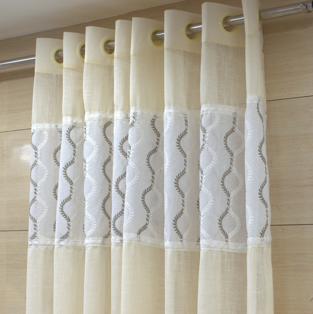 Ivory Semi-Linen Door Curtain 4×7 ft with Embroidered Panel - View 3 - Linen Embroidered - Nushio