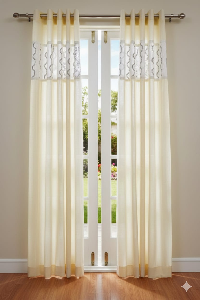 Ivory Semi-Linen Door Curtain 4×7 ft with Embroidered Panel - Main Product Image - Linen Embroidered - Nushio