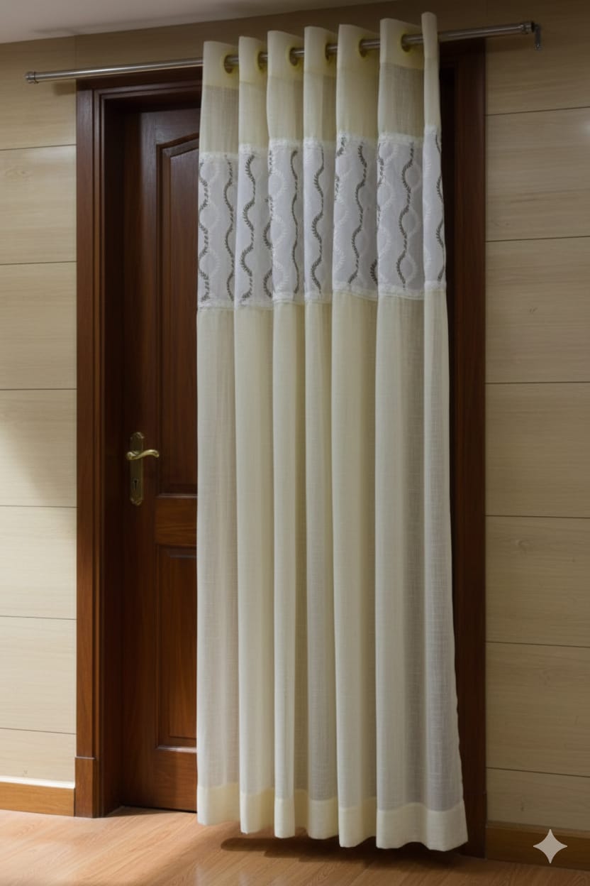 Ivory Semi-Linen Door Curtain 4×7 ft with Embroidered Panel - View 2 - Linen Embroidered - Nushio