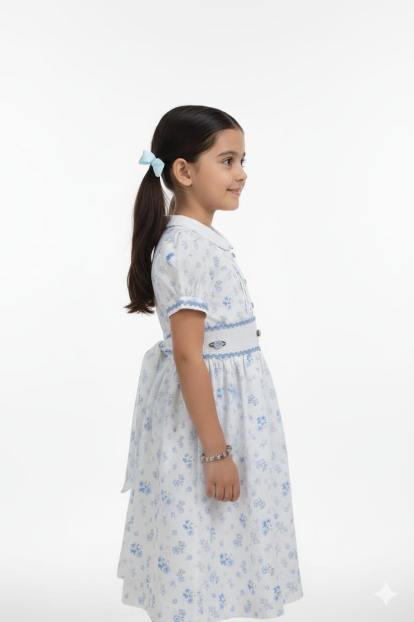 Girls Blue Floral Smocked Waist A-Line Frock with Peter Pan Collar - View 2 - Floral - Nushio