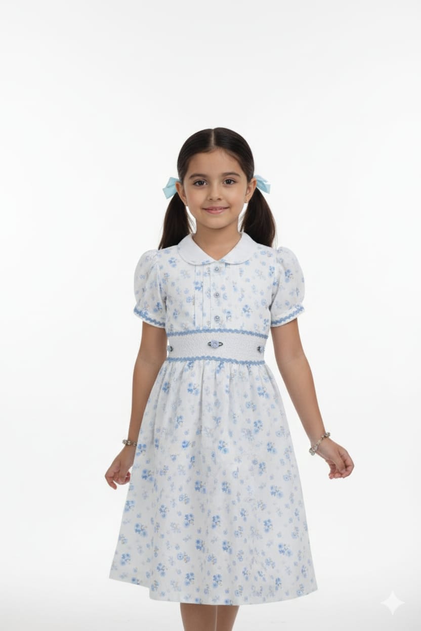 Girls Blue Floral Smocked Waist A-Line Frock with Peter Pan Collar - Main Product Image - Floral - Nushio