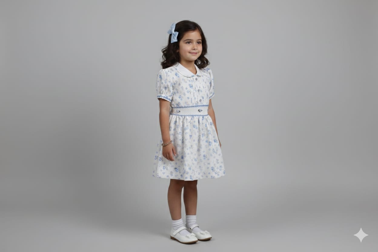 Girls Blue Floral Smocked Waist A-Line Frock with Peter Pan Collar - View 3 - Floral - Nushio