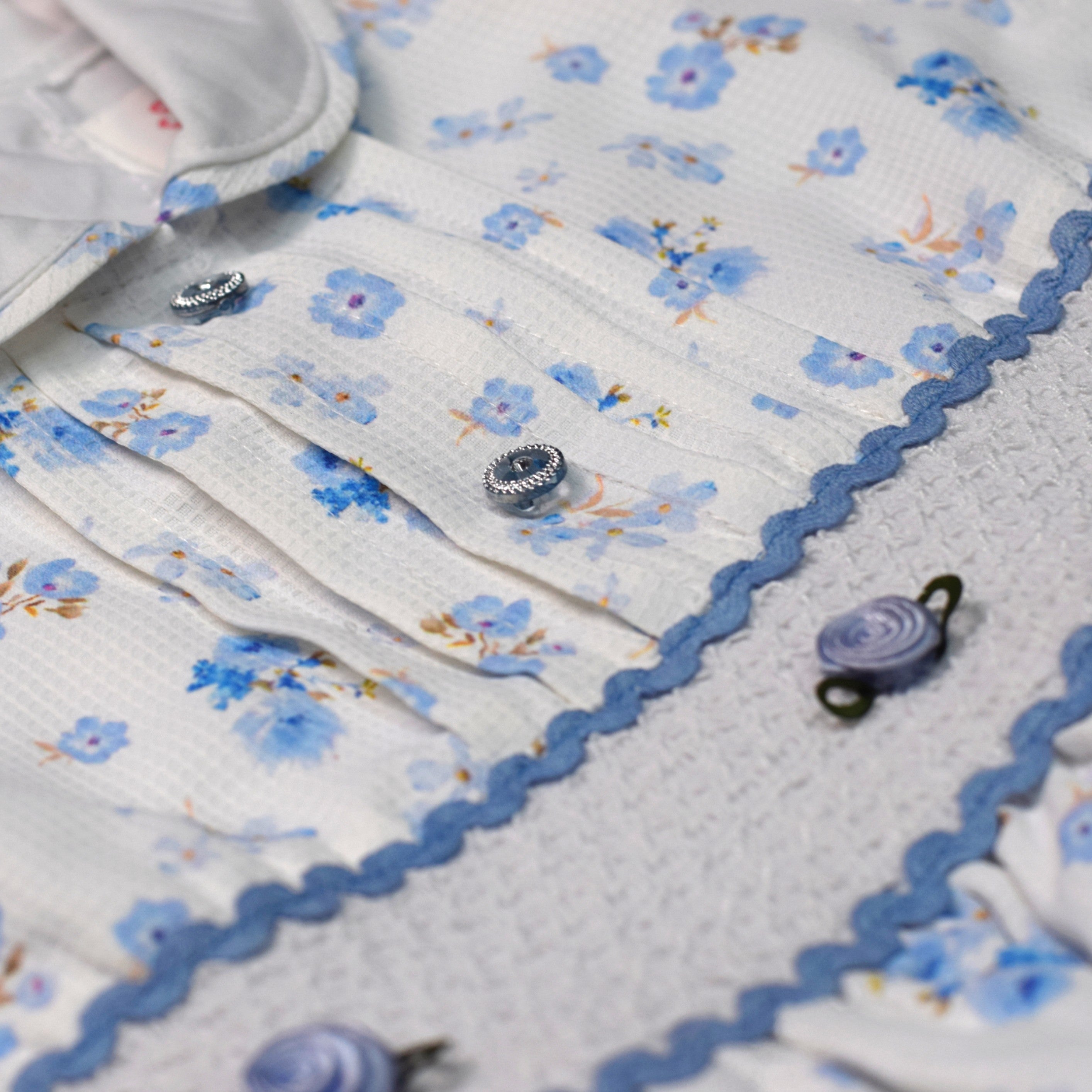 Girls Blue Floral Smocked Waist A-Line Frock with Peter Pan Collar