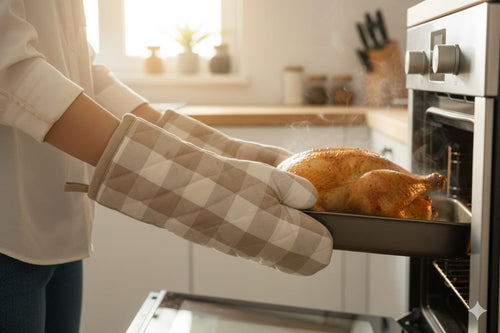 Beige Checkered Quilted Oven Gloves - Main Product Image - Nushio