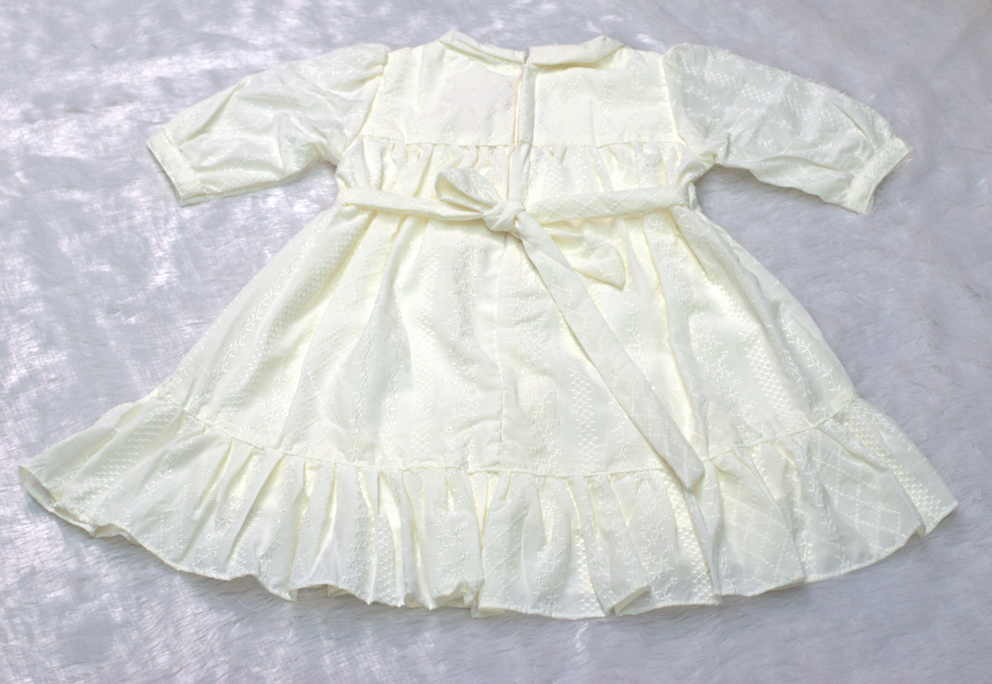 Cream Embroidered Cotton Kids Frock with Bow Tie Back