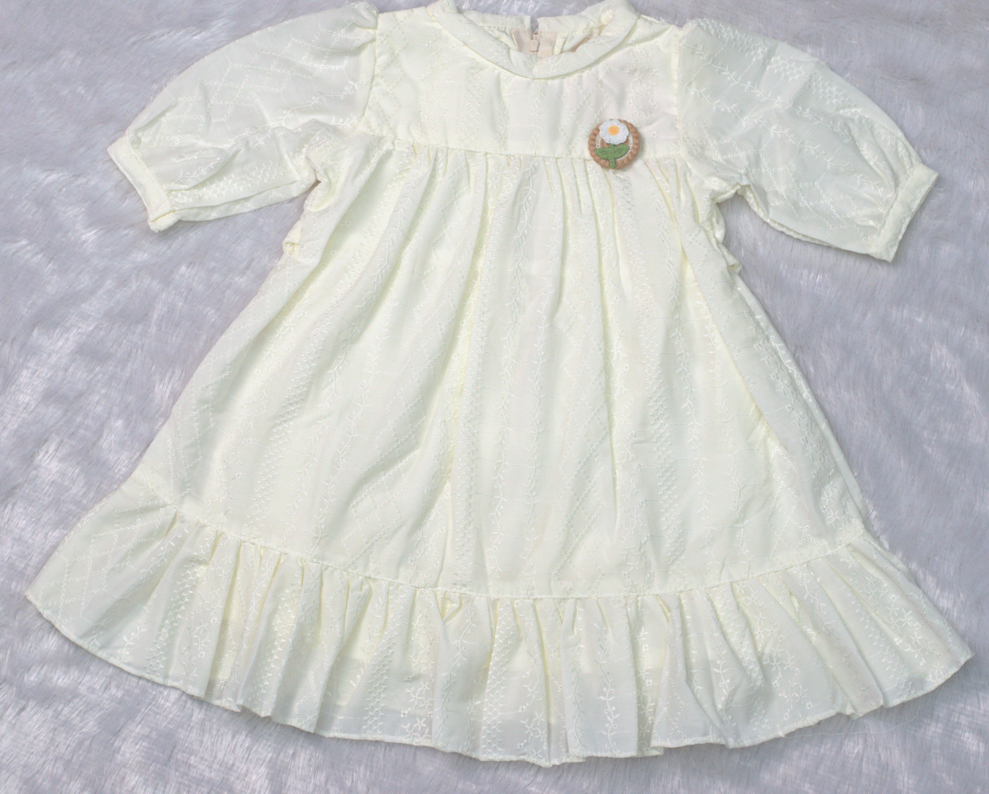 Cream Embroidered Cotton Kids Frock with Bow Tie Back - View 3 - Cotton Embroidered - Nushio