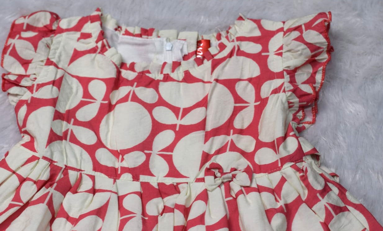 Girls Red & Cream Leaf Print Cotton Frock with Ruffle Sleeves
