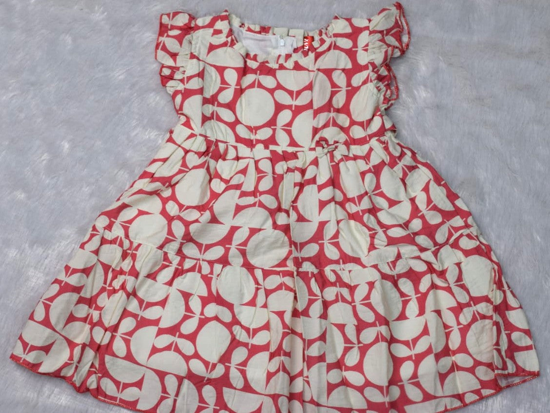 Girls Red & Cream Leaf Print Cotton Frock with Ruffle Sleeves