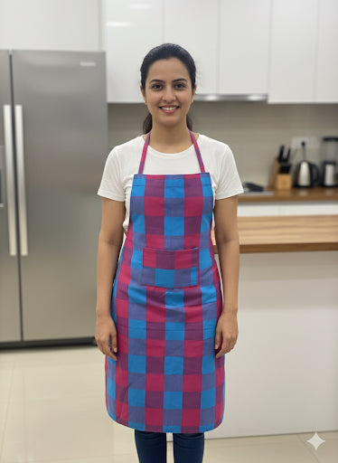 Cotton Checkered Kitchen Apron - Red & Blue - Main Product Image - Cotton - Nushio