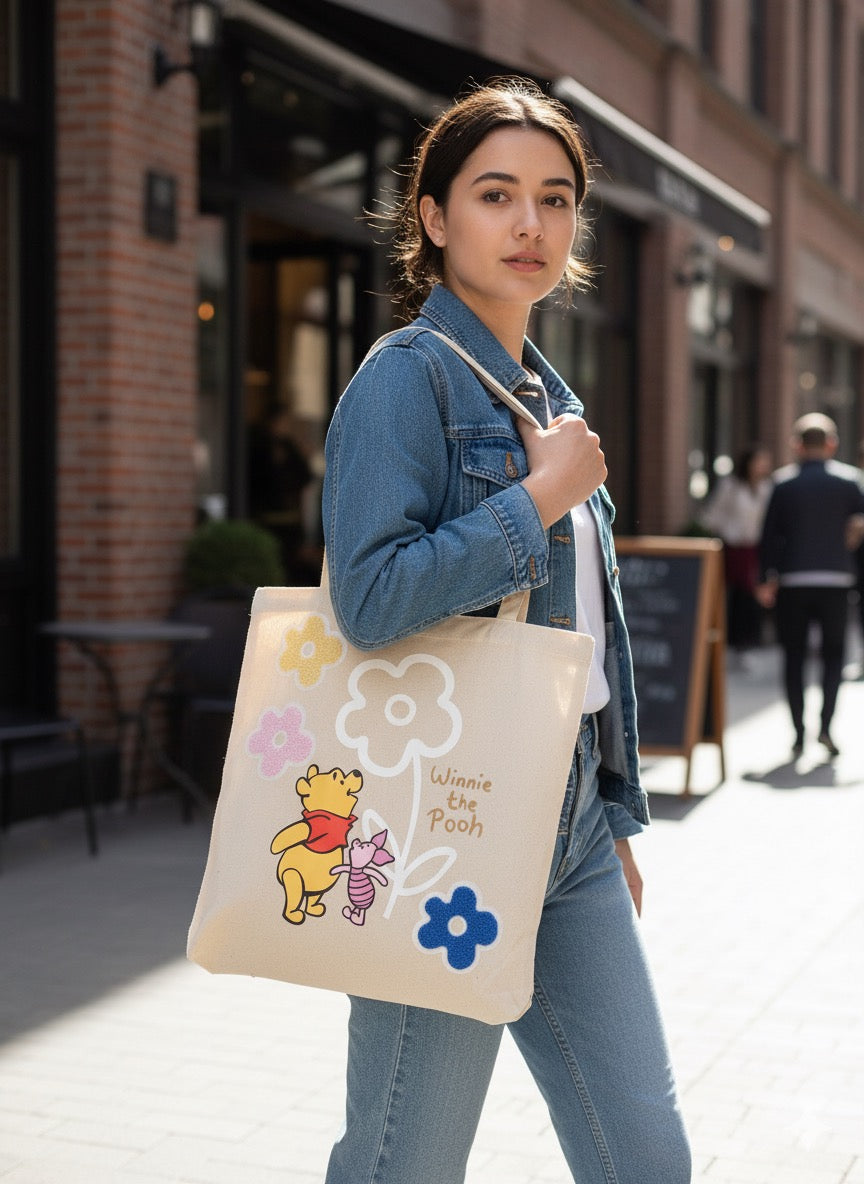 Winnie the Pooh Cotton Tote Bag – Cute Floral Print Eco-Friendly Shopping Bag